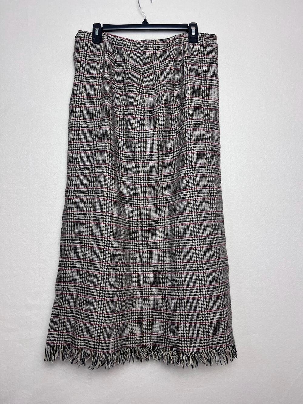 Harve Benard Vintage Gray Plaid Fringed Wool Skirt Size 14 Cottage Acedamia